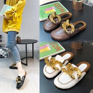 MANXIXI Brand Fashion Loafers Slippers Beautiful Gold Chain Flat Mules Sandals For Women (Size 35-40)