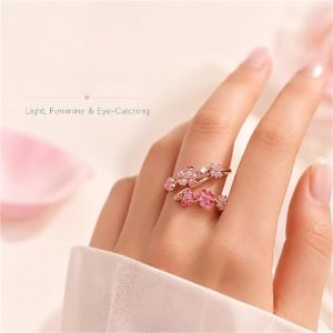 CHLOCH Gemstone Embellished Women Peach Blossom Ring Rose Gold Plated Crystal Accents Ring Box Romantic Lightweight Cherry Blossom Ring Engagement Wedding