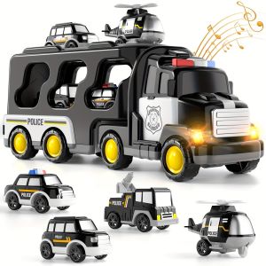 Police Truck & Helicopter 5-in-1 Toy Set - with 3 Mini Patrol Cars Lights & Sound ABS Plastic Role Play Vehicles for Kids 3-8 Years