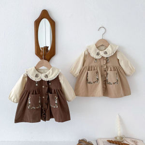 2026 New Autumn Girls Clothes 0-4Y Childrens Embroidery Pockets Ruffled Single Breasted Vest Dress Optional Doll Collar Shirt2026