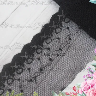 (Per 2 Meter) RDT345 Renda Bordir Tile Hitam Motif Cantik Lebar 10Cm