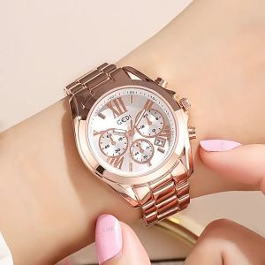 GEDI Womens waterproof steel band watch fashionable three-eye calendar quartz wristwatch 2024 Womens fashion watch 2986