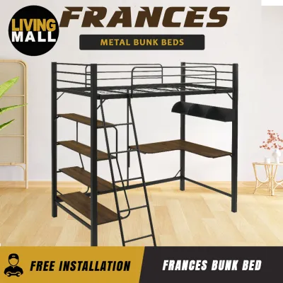 LivingMall Frances Single Metal Loft Bed Frame with Built-in Table and Shelves - w/ Mattress Option