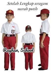 Setelan Lengkap Seragam Sekolah Dasar SD Merah putih Kemeja putih Lengan Pendek Celana Panjang Merah + Sabuk+Topi+Dasi+Kaos kaki Anak Laki-laki