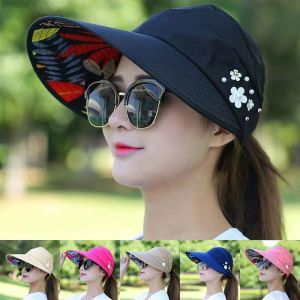 YOCKY Flower Women Sun Hat Wide Brim UV Protection Beach Visor Cap Breathable Adjustable Summer Ponytail Cap Ladies