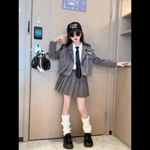 Junior Girl JK School Uniform Set Unique Formal Chain Smart Jackets and Pleated Skirt 2Pcs School Kids Child Uniform Blazer Suit2026