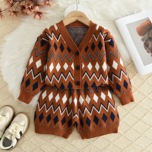 Gấu lãnh đạo phiên bản Hàn Quốc Kim Cương lưới gợn in dệt kim cô gái phù hợp với Retro Một hàng khuy Cardigan áo len + Bộ quần soóc 2-6 năm giản dị hoa hai mảnh trẻ em quần áo trang phục