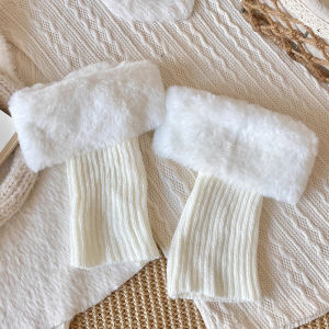 2Pairs Fashion Turn-over Fur Trim Leg Warmers Women Autumn Winter Warm Boot Cuffs Crochet Thick Toppers Knitted Socks Warm Foot Covers