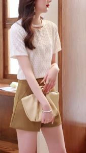 Ammin 2024 Mùa Hè Hollow-out Cổ Tròn Ngắn Tay Kẻ Sọc Vải Cotton T-Shirt Cho Phụ Nữ phong cách hàn quốc in Chấm Bi Polka Áo Blouse thanh lịch