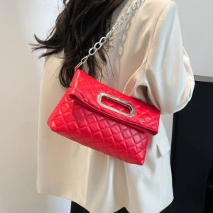 GHFT สีทึบทึบ กระเป๋าถือพับได้ ลายตาราง สไตล์เกาหลีแบบ กระเป๋าคลัทช์ตอนเย็น แฟชั่นสำหรับผู้หญิง ถุงใต้วงแขน กระเป๋าสะพายไหล่สายโซ่ สำหรับผู้หญิง