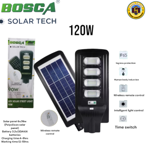 Bosca Solar Tech 120W Outdoor Street Light with Remote Control IP65 Protection - Solar Panel 6V/16W Battery 3.7V/20Ah/4 Panels Human Body Induction Intelligent Light Control Time Switch.