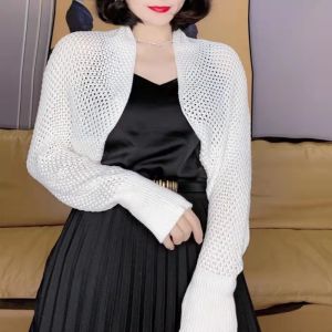 Q-1151 STORE Simple Ice Silk Shawl Elegant Luxury Sunscreen Crop Knit Cardigan Trend Hollow Long Sleeve Smock Top