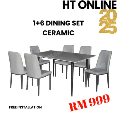 HT ONLINE 1+6 Seaters Ceramic Dining Table Set Set Meja Makan Dining Table 6 Seater 6 位 餐桌椅子