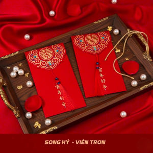 Bao lì xì tết 2026 lì xì song hỷ bê tráp cưới ép kim vàng sang trọng kèm dây tua rua cao cấp
