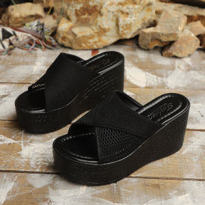Large Size Hollow Wedge Sandals For Women 2025 Summer New Thick-Soled Fabric Sandals Size 43
