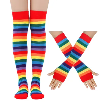 Striped Over Knee Rainbow Socks And Gloves Set Cosplay Accessories Arm Leg Warmers For Girls