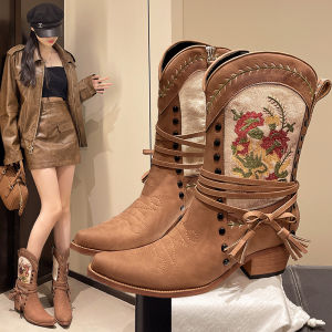 48h sau khi phụ nữ mới khởi động phong cách dân tộc cổ điển thêu bốt Martin của phụ nữ Chunky gót vuông ngón chân khóa kéo bên hông giảm béo Giày Bốt Thấp