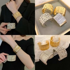 FERAB Metal Alloy Alloy Wide Opening Bangle Irregular Dough Twists Hollow-out Irregular Wide Bracelet Temperament Gold Silver Retro Hand Ring Women