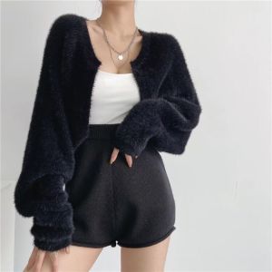 Korean Fashion Fur Crop Top Cardigans For Women Long Sleeve Fur Blazer Solid Color High Quality Sweaters Tops