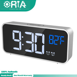 ORIA Digital Alarm Clock 12/24H Format Mirror LED Music Digital Clock Voice Control Dual Alarm Desk Clock with Snooze USB Charging Port for Bedroom Bedside Office  Students Kids Elderly