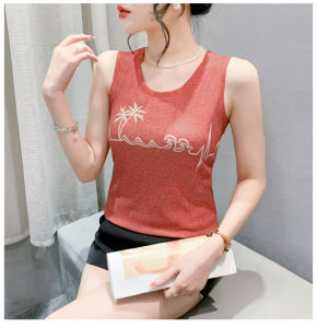 Ammin เสื้อสีทึบคอกลมแขนกุดสำหรับผู้หญิงเสื้อเบลาส์เสื้อยืดผ้าฝ้ายสไตล์เกาหลีปักลายดอกไม้ดีไซน์เรียบหรูขนาดใหญ่พิเศษสำหรับฤดูร้อน2024