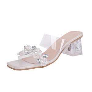 [Free Shipping] Transparent Crystal-Embellished Chunky-Heeled Sandals New Summer Style Suitable For Outdoor Wear With Rhinestone High Heels Available In Large Sizes