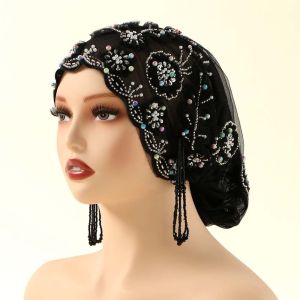 COVIEEZB Thêu hoa Mũ turban Hạt cườm lấp lánh Tua rua dài Khăn trùm đầu của người Ấn Độ Đồ đội đầu dân tộc Dây thun Mũ trang trí hạt cườm Trang phục hàng ngày
