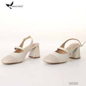 Giày cao gót nữ Slingback (SD09) Whale Shoes  phối lưới đính đá gót vuông mạ vàng 7cm 6cm chống trượt