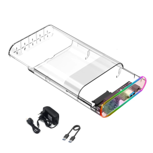 Transparent Color Light External Hard Disk Enclosure USB3.0 Fast Speed Transfer With Cooling Fan For 2.5/3.5inch Drive