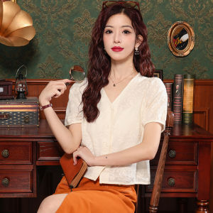 Ammin 2024 Mùa Hè kiểu Pháp Mới Thêu tay ngắn hình hoa Áo Cho Phụ Nữ Của V Cổ ngắn tay cotton nguyên chất Áo Blouse thanh lịch