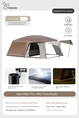 Vidalido POON SAAN PRO Portable 8-10 Person Banshan Villa Extra Large Semi-Automatic Cabin Style Black Tent Outdoor Camping 15m² Interior Space 2 Bedroom Waterproof 150D Titanium Silver Coated Sunscreen