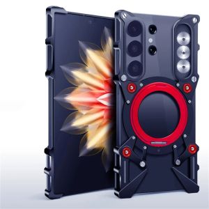 Luxury Hollow Metal Case For Samsung Galaxy S25 Ultra Cover S24 U S23 S22 Aluminum Bumper Built-in 360° Bracket With Protector