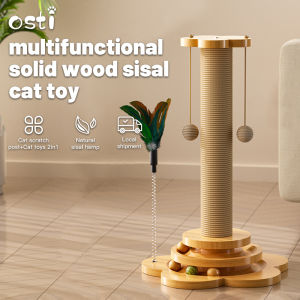 Osti 4in1 Solid Wood Cat Scratching Post Natural Sisal Scratcher with Interactive Track Toys and Dangling Plush Ball