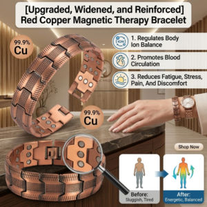 Red Copper Magnetic Therapy Bracelet Wide Negative Ion Energy Bracelet Vintage Copper Design
