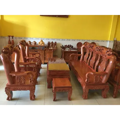 [Trả góp 0%] Bộ bàn ghế chạm đào mặt liền gỗ hương đá 6 món tay 12