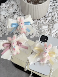 Pearls Phone Lanyard Portable Detachable Chain Mobile Phone Back Clip Strap with Cute Plush Blusher Rabbit Decor