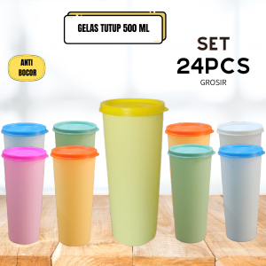 Tanaka Paket Gelas Plastik Tutup Pastel 500ml/SET isi 24 pcs/Tumbler