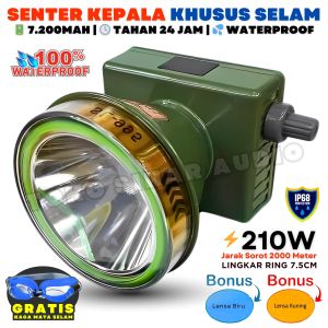 Senter Kepala Selam Anti Air 210 Watt Tahan 24Jam ORIGINAL SUNPRO BONUS LENSA KUNING + BIRU + KACAMATA SELAM Sinar Putih Tombol Dimmer / Diputar Dengan LED Indikator Baterai | SL-995 210W  senter kepala kusus menyelam / senter selam anti air