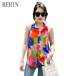 REHIN เสื้อสายเดี่ยวแขนกลางลายพิมพ์แฟชั่นใหม่สำหรับฤดูร้อน สไตล์หลากหลาย หน้าเสื้อเนื้อผ้าลายดอกไม้ เรียบหรูสำหรับผู้หญิง