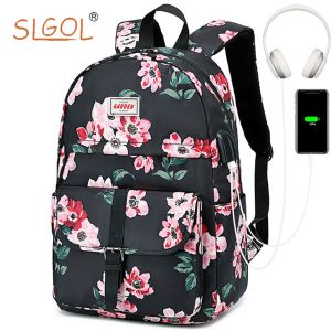 Floral Backpack with USB Charging PortSLGOL Charging Bookbag,Lightweight Travel Daypack Fit for 15.6 Laptop Bag Student for School