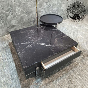 Bàn trà sofa bàn phòng khách bàn đôi cafe nhập khẩu hộp đen đá vuông chân U inox 1m + bàn gỗ phụ
