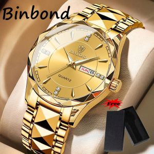 [With Free Box] BINBOND Fashion Mens Watches 2023 Luxury Brand Dual Calendar Luminous Prismatic Diamond Dial Stainless Steel Strap Waterproof Quartz Wristwatch Fashion Casual Golden Watch B5552