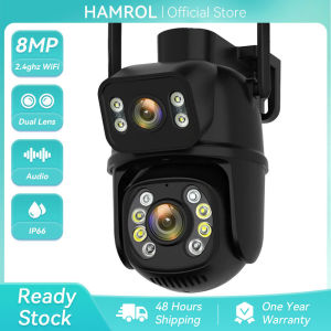 Hamrol Dual Lens 4K 8MP  All Black PTZ WIFI Home Safety Outdoor Network Camera Auto Tracking Two Way Audio Wireless CCTV