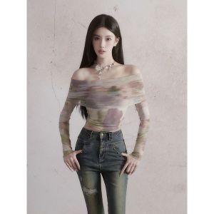 T-Shirt American Retro Sweet Spicy Girl Tie Dyed Mesh Long Sleeved T-Shirt Womens Summer Slim Fit Off Shoulder Top Trendy