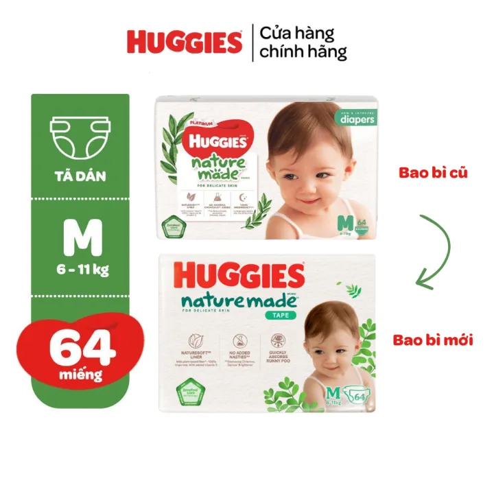Tã/Bỉm dán Huggies NatureMade NB60/S82/M64/L54/XL44