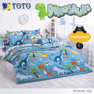 TOTO (ชุดประหยัด-นวมบาง) ชุดผ้าปูที่นอน+ผ้านวม ลายไดโนเสาร์ Dinosaurs TT595 สีฟ้า #โตโต้ ชุดเครื่องนอน 3.5ฟุต 5ฟุต 6ฟุต ผ้าปู ผ้าปูที่นอน ผ้านวม กราฟฟิก