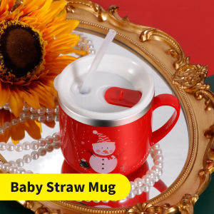 Christmas SUS304 Stainless Steel Baby Sippy Cup Milk Mug with Straw Scale Mark Kids Toddler Vacuum Flask Festival Favor