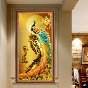 New Golden Phoenix Peacock Vertical Diamond Painting Full Drill Feng Shui Sui Qi Art Decor for Home Wall Decoration