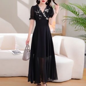 Impression Fashion Women Elegant Beach Embroidered V-neck Short Sleeve Tunic High Waist Big A-line Swing Plus Size Maxi Dress