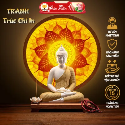 Đèn Thờ Hào Quang Trúc Chỉ In Lá Bồ Đề CHÂN THIỆN MỸ Tranh Treo Tượng Phật Đèn Thờ Cúng TC-HQ-02